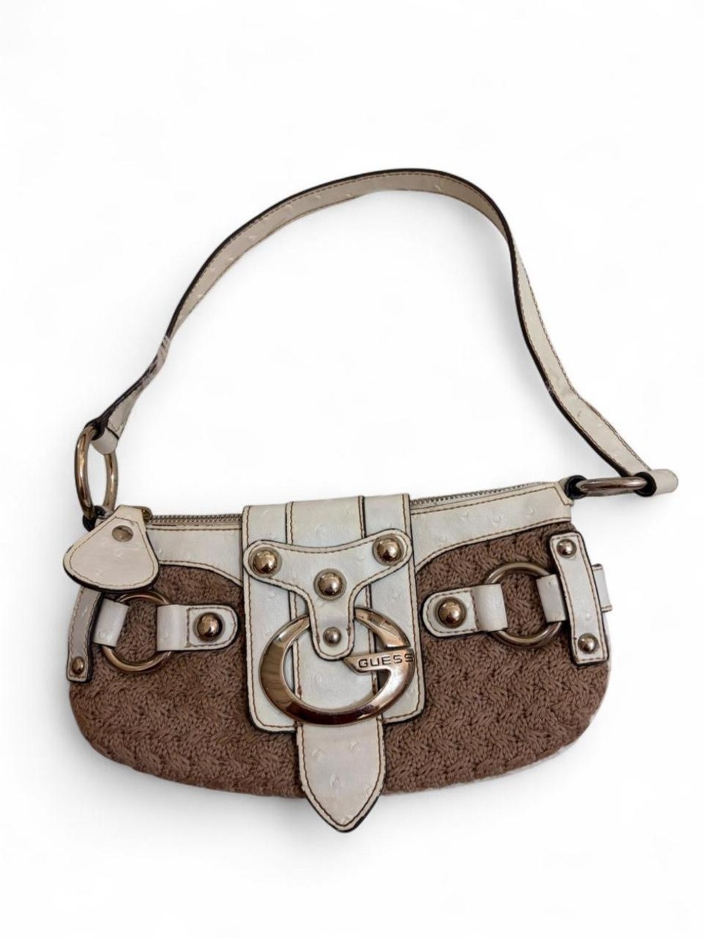 Guess Brown and Cream Shoulder Bag with Signature Buckle